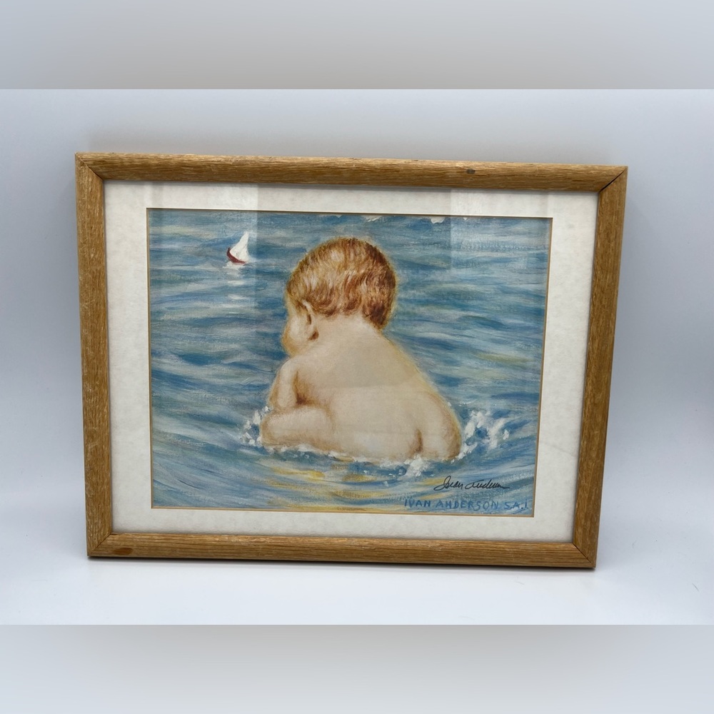 VTG. Wood Framed Lithograph Baby in Water Signed Ivan Anderson, Print Is 10X8